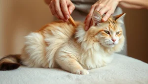 A pet owner brushing their cat with a natural, odor-removing brush to keep their cat smelling good.