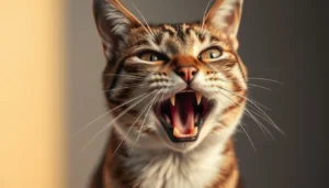 A cat lying down, breathing fast, with an alert expression.