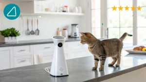 Close-up of an automatic cat laser toy in action on a hardwood floor