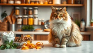 A bottle of homemade cat deodorizer next to a content cat with clean, fresh-smelling fur.