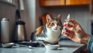 A cat happily drinking medicine mixed with food.