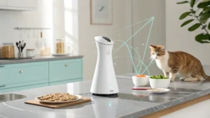 Automatic cat laser toy rotating on the floor with curious cat watching