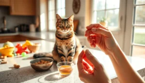 A cat being carefully fed medicine with a syringe by a loving owner.