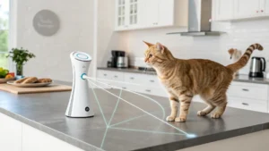 Tabby cat playing with automatic laser light in living room