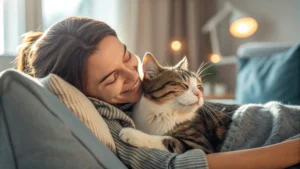 Nervous cat watching its owner from a distance in a living room.