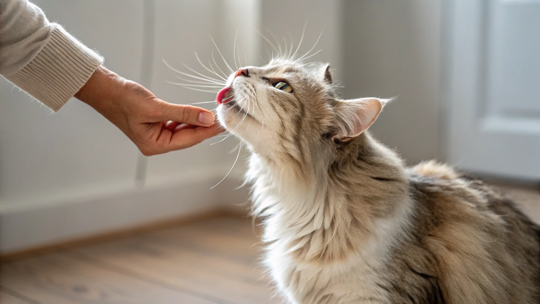 A curious cat licking its owner’s face, displaying signs of trust and love.