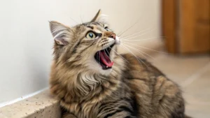 Close-up of a cat panting with its mouth open, showing signs of respiratory distress.