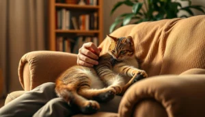 A tabby cat placing its paws around its owner's neck affectionately.