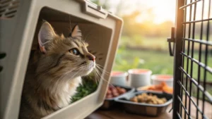 A relaxed cat comfortably inside a pet carrier, showcasing stress-free transportation.