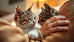 Close-up of a fluffy cat embracing its owner with its front legs.