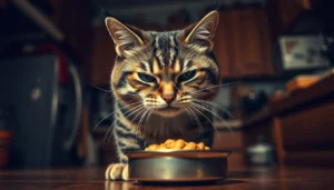 Close-up of a cat looking at a bowl of wet food, uninterested.