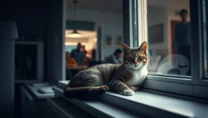 A cat curled up, visibly stressed, with a focus on its nervous expression.