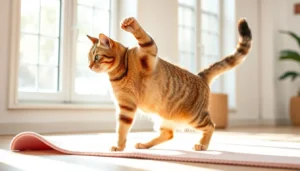 Fit cat playing with interactive toy to build lean muscle.