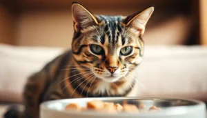 A cat eating from a bowl with a visible clock showing feeding times.