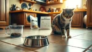 A gray tabby cat being served food for the third time in a day.
