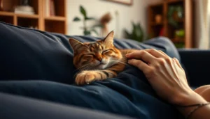 A happy cat leaning into a cuddle with its human, paws resting on the person's shoulder.
