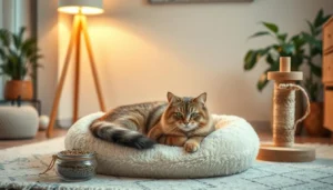 Cat lying down, showing stress symptoms like panting and twitching ears.