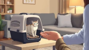 A cat calmly stepping into its carrier, demonstrating successful training techniques.