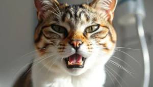 Close-up of undigested cat food next to a vomit stain on floor.