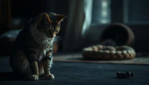 Cat lying down next to untouched food with a concerned look.