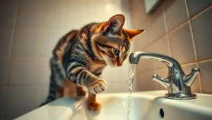 Gray tabby cat licking running water from a kitchen tap