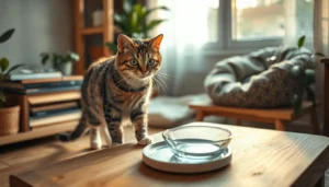 Close-up of a cat turning its head away from a food dish.