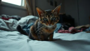 A cat displaying common stress behaviors such as hiding and shaking