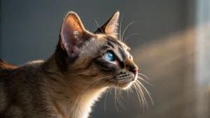 A striking chimera cat with a half-black, half-orange face and green eyes.