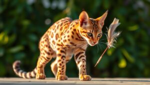 Savannah cat perched on a tree branch indoors