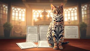 Savannah cat being groomed by owner in living room