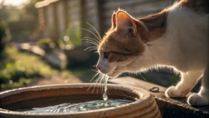 Cat balancing on sink edge while sipping from a running tap