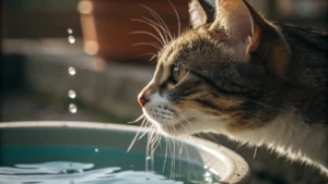 Domestic cat with head under a sink faucet drinking water